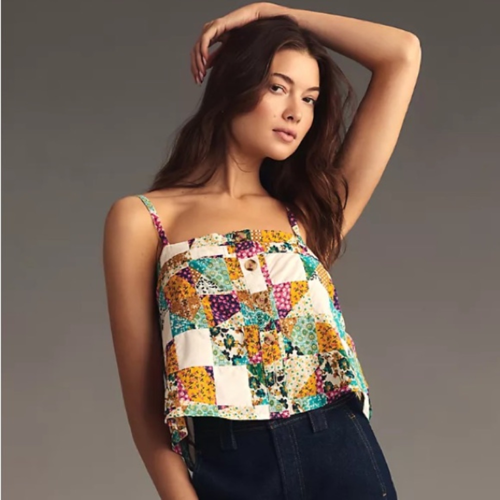 NWT Anthropologie Patchwork Button Boho Western Down Cami Tank Top